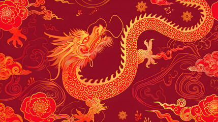 vibrant dragon illustration symbolizes strength and good fortune, set against rich red background adorned with floral patterns. This artwork captures essence of celebration and cultural significance