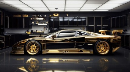Obraz premium A sleek gold sports car parked in a modern garage, with a glossy gray epoxy floor, black cabinets, and clean white ceilings, creating a luxurious atmosphere.