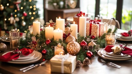 Christmas dining table arranged with a centerpiece of candles and ornaments, surrounded by beautifully wrapped presents and elegant table settings.