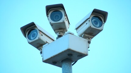 Four security cameras mounted on a pole against a blue sky.