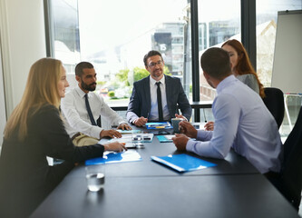 Financial, investor or business people in meeting with group for feedback and discussion or teamwork. Corporate review, finance or professional colleagues talking for news, advice and planning online
