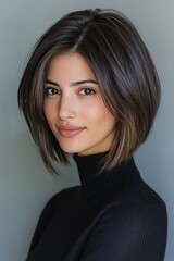 Fototapeta premium Portrait of a Young Woman with Short Brown Hair Wearing a Black Turtleneck