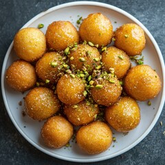 Closeup of Golden Fried Dough Balls Topped with Green Pistachios on a White Plate