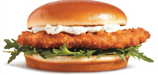 A perfectly fried fish fillet in a shiny brioche bun with fresh greens and sauce, exuding the irresistible appeal of fast food with an artisanal touch