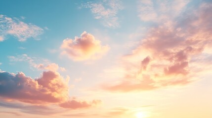 Obraz premium Sunset sky background. Blue sky with golden light and clouds with soft blur motion effect backgrounds. Sky clouds backdrop.