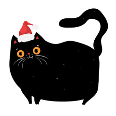 Cute black cat in Santa hat. Merry Christmas and Happy New Year. Vector illustration in flat style