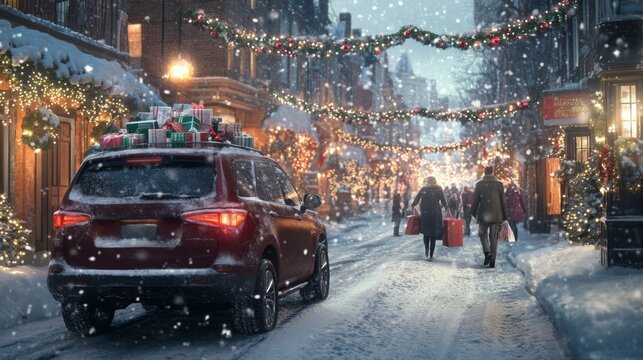 People walk down a charming, snow-covered street adorned with festive lights and decorations, carrying shopping bags. A vehicle with presents is parked nearby, enhancing the holiday atmosphere.
