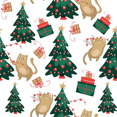 Cute ats decorate the Christmas tree with garlands. Christmas cat seamless pattern. Design suitable for banner, invitation, card, greeting, banner, cover, fabric, wrapping paper, wallpaper