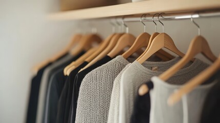 Minimalist Closet Organization with Clothes on Wooden Hangers