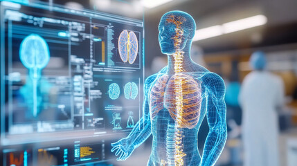 A digital human anatomy display showcasing internal organs and systems in a modern medical facility during a training session