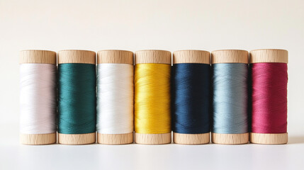 Colorful Sewing Thread Spools on White Background