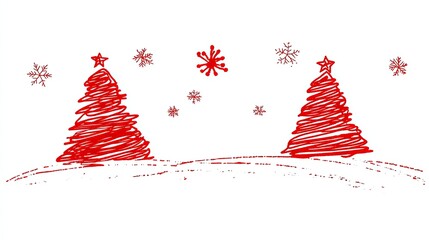 Minimalist red Christmas tree doodles on a plain white background, accented by simple snowflakes and stars.