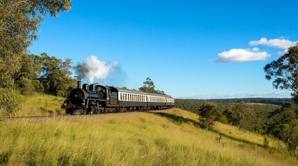 Obraz premium A vintage steam train chugs along a rural track, smoke billowing from the chimney, under a clear blue sky.