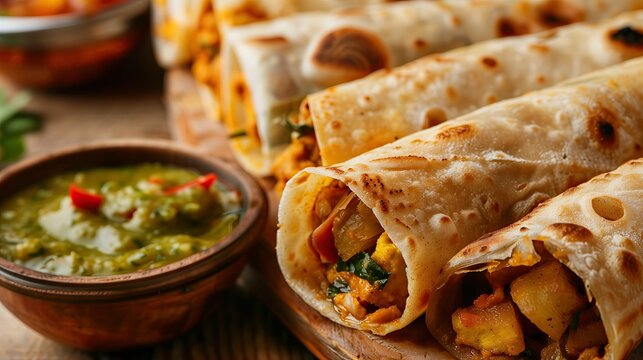 Close-up of Indian Flatbread Wraps with Green Chutney