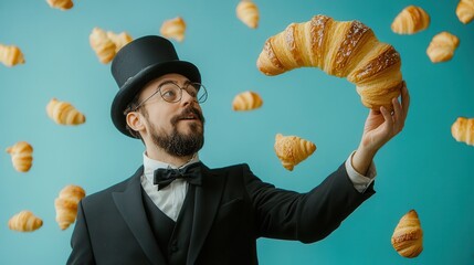 Man in top hat and tuxedo joyfully holding a large croissant. Croissants floating in turquoise background. Surreal culinary concept.