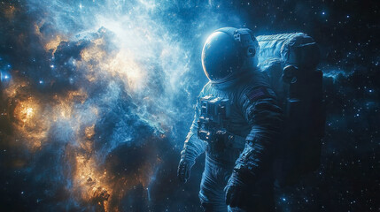 Astronaut in a reflective helmet, floating in outer space with a backdrop of distant stars and galaxies, reaching outwards