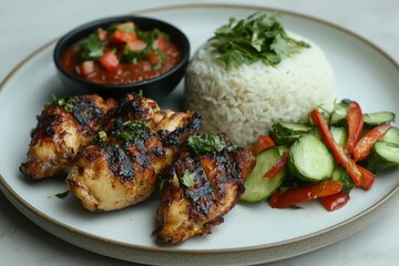 Grilled Chicken with Rice, Cucumber, and Red Pepper Salad