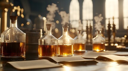 Enchanting Alchemists Lab with Glowing Elixirs and Ancient Scrolls - Mystic Potions Bubbling in Golden Light Amidst Intriguing Symbols