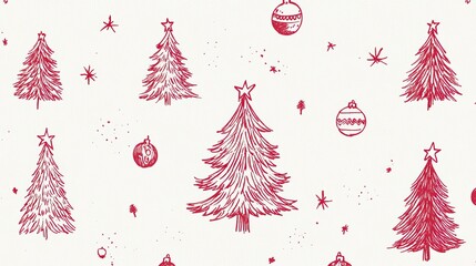 Simple red doodles of Christmas trees and ornaments on a white canvas, creating a festive yet minimal holiday design.