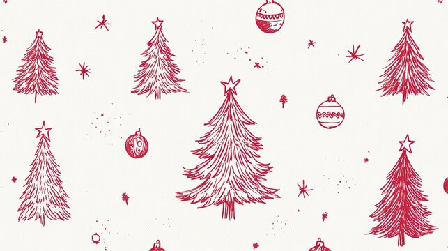 Simple red doodles of Christmas trees and ornaments on a white canvas, creating a festive yet minimal holiday design.