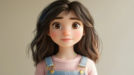 A close-up portrait of a young girl with long brown hair and big brown eyes, she is wearing a pink shirt and blue overalls.