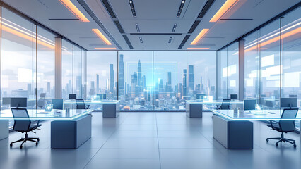 Futuristic office space surrounded by ceiling to floor windowpane looking into a futuristic city and equipped with advance technology, floating holographic screen and artificial intelligent.   