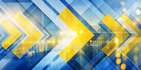 Geometric shapes in vibrant blue and yellow tones create a dynamic, abstract pattern. Transparent layers and overlapping arrows give a sense of movement and depth. Business background. AI generated.