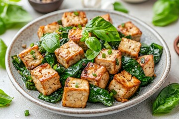 Pan-Seared Tofu with Basil and Spinach in a Rustic Bowl