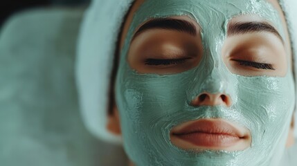 Fototapeta premium Woman with Green Facial Mask Beauty Spa Treatment Relaxing Skincare Routine