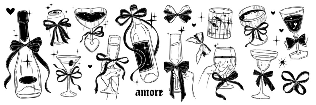 Alcohol cocktail doodle set, vector coquettish woman hand with wine glass, ribbon bow, champagne. Holiday celebration retro beverages party print, bachelorette bar illustration. Alcohol cocktail menu