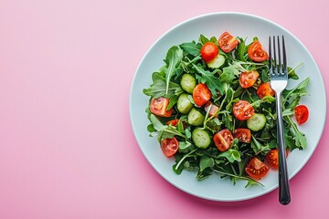 Fresh arugula salad with cherry tomatoes and cucumber slices