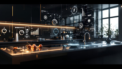 Futuristic kitchen equipped with advance technology, floating holographic screen and artificial intelligent.   