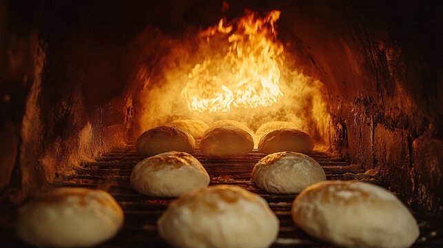 Rustic bread loaves baking in a traditional wood-fired oven with a roaring flame, capturing the essence of artisanal baking techniques.