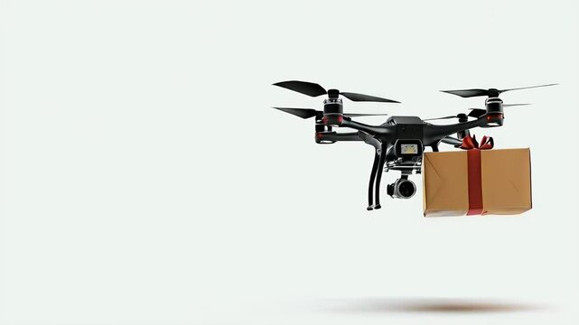 Drone delivering a gift box tied with a red ribbon.