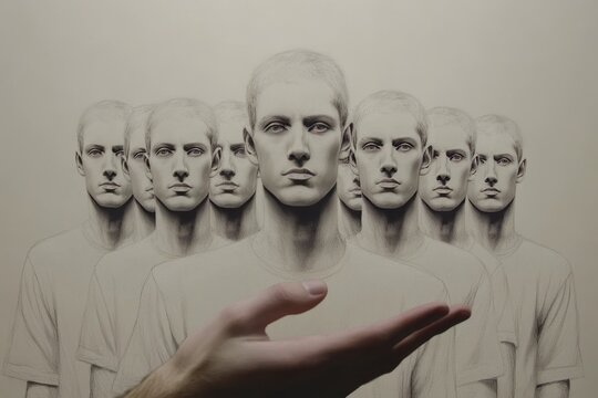 Conceptual representation of conformity and individuality multiple identical male figures in muted tones being held in an outstretched hand symbolizing lack of diversity and uniformity in society