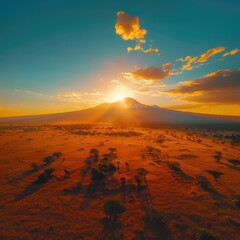 Sunrise Over Snowy Mountain Peak with Elephants in Savanna Grassland