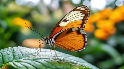 Obraz premium A vibrant butterfly perched on a leaf, showcasing its intricate wing patterns.