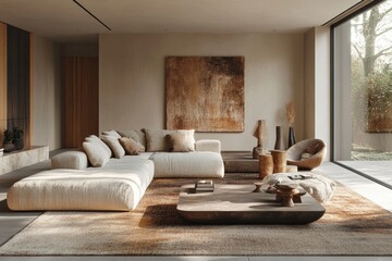 Modern Earth-Tone Interior. An earth-toned, modern living room with cozy furniture and abstract wall art. Perfect for promoting warm, inviting home, Generative AI