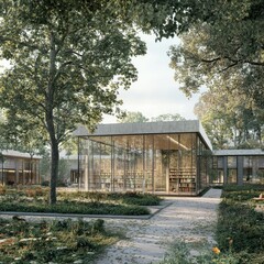 Fototapeta premium Glass-walled Library Building with Bookshelves and Surrounding Greenery