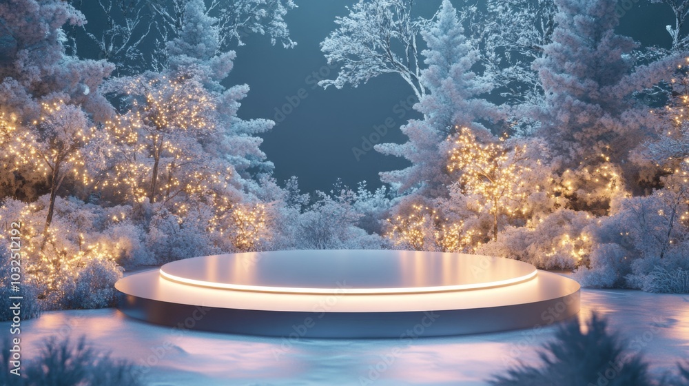 Poster a peaceful winter setting showcases a circular stage surrounded by snow-covered trees adorned with s