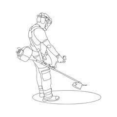 dessin en ligne continue d'un jardinier utilisant une débroussailleuse, line art, vecteur
