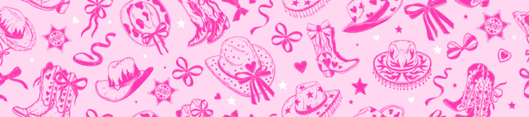 Western cowgirl seamless pattern, vector bachelorette party Texas texture, cowboy girly hat, boots. Traditional American wild west party background, pink doodle coquettish print. Cowgirl pattern