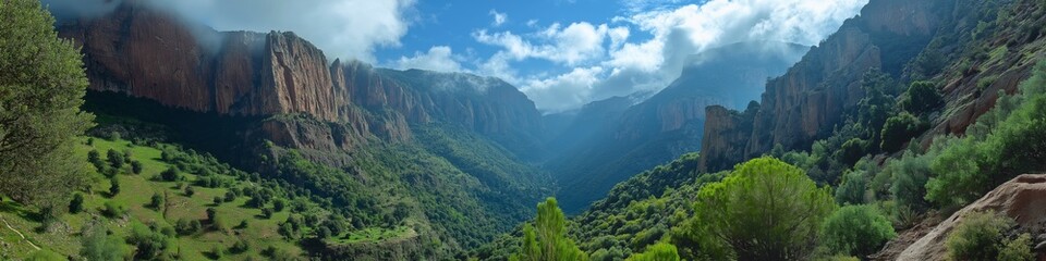 A mountain range with a clear blue sky and a few clouds. The mountains are covered in trees and the sky is bright and sunny