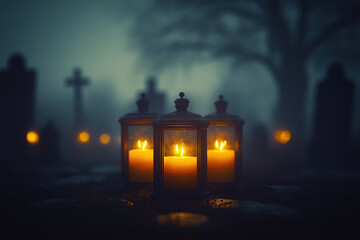 Blurred cemetery scene with glowing candles