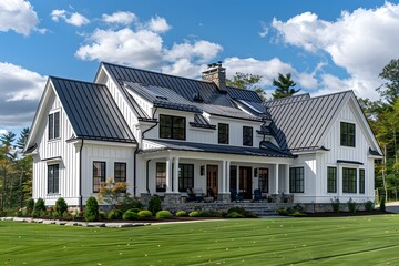 Fototapeta premium Stunning Modern Farmhouse with Elegant Design and Lush Green Lawn