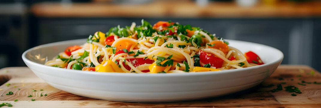 Vegan pasta primavera with a variety of  vegetables