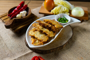 Indonesian snack appetizer deep fried tempe chicken calamari golden brown