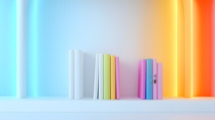 Obraz premium Futuristic Bookshelf with Glowing Accents and Colorful Books - Sleek Modern Architecture for Contemporary Living Spaces