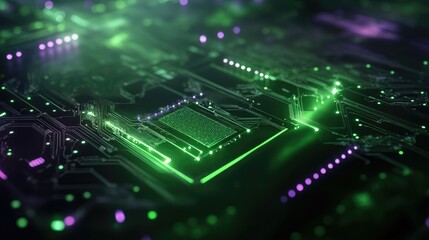 Fototapeta premium Green Illuminated Circuit Board with Processor Chip