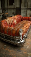 Obraz premium Vintage Car-Inspired Leather Sofa with Chrome Accents
